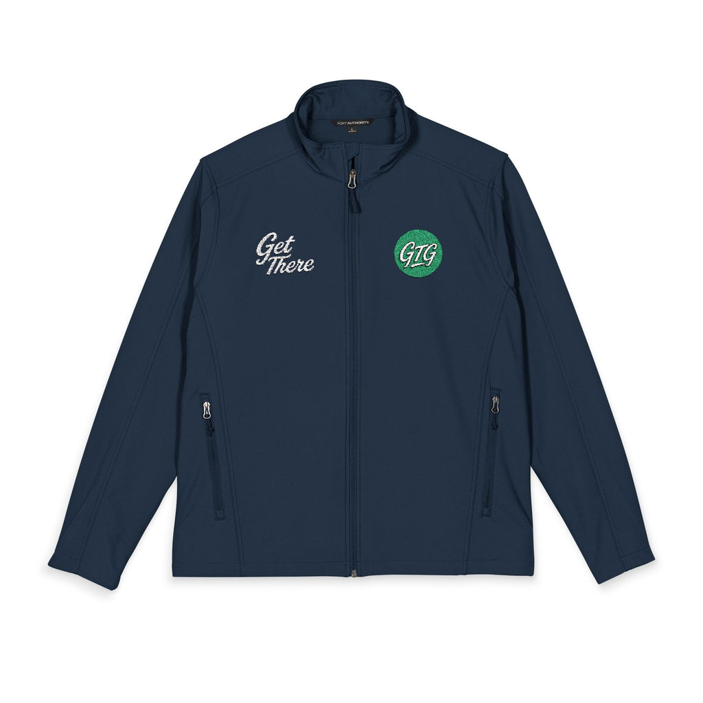 Men's Embroidered Soft Shell Jacket – 'Get There' Logo, Holiday Green Crest