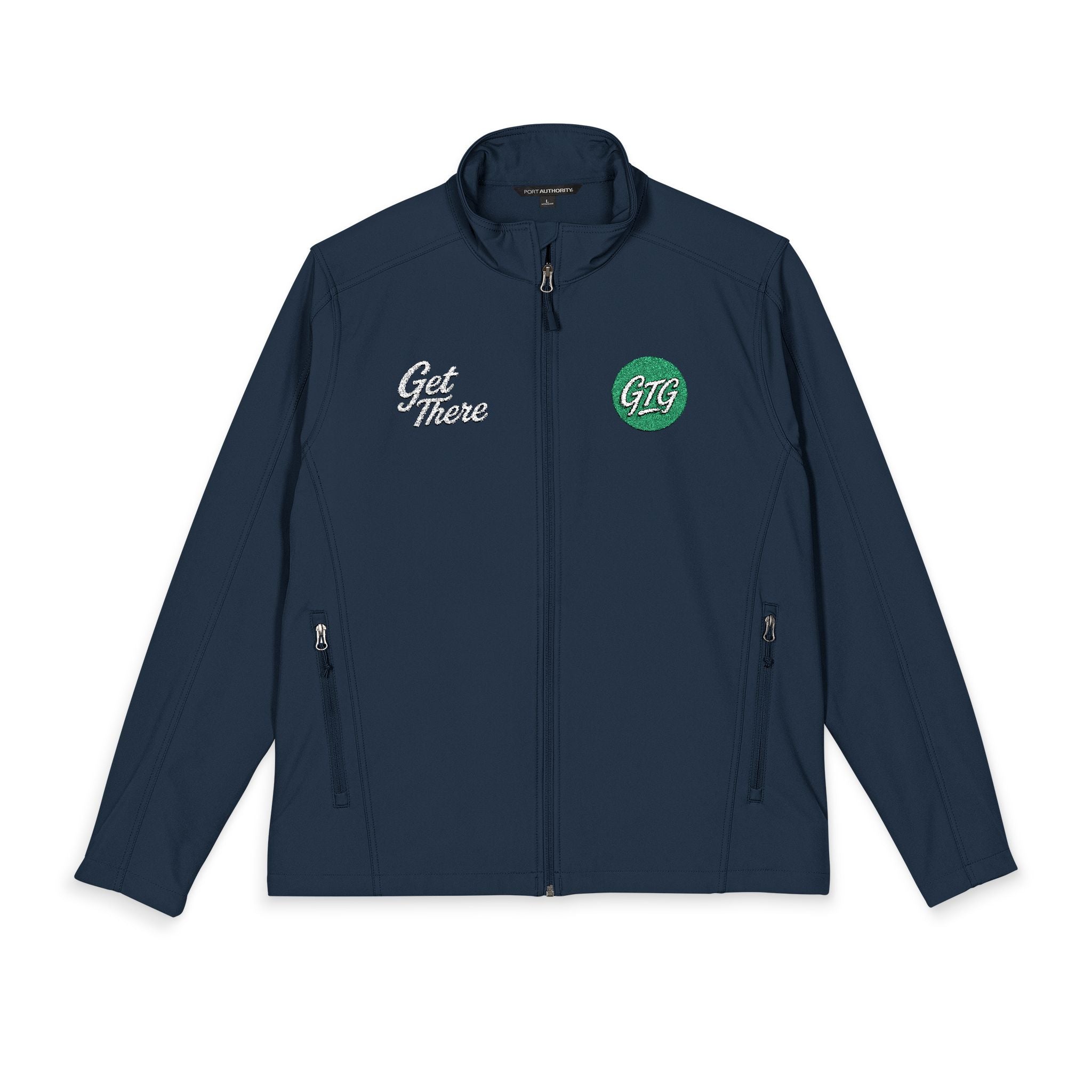 Men's Embroidered Soft Shell Jacket – 'Get There' Logo, Holiday Green Crest