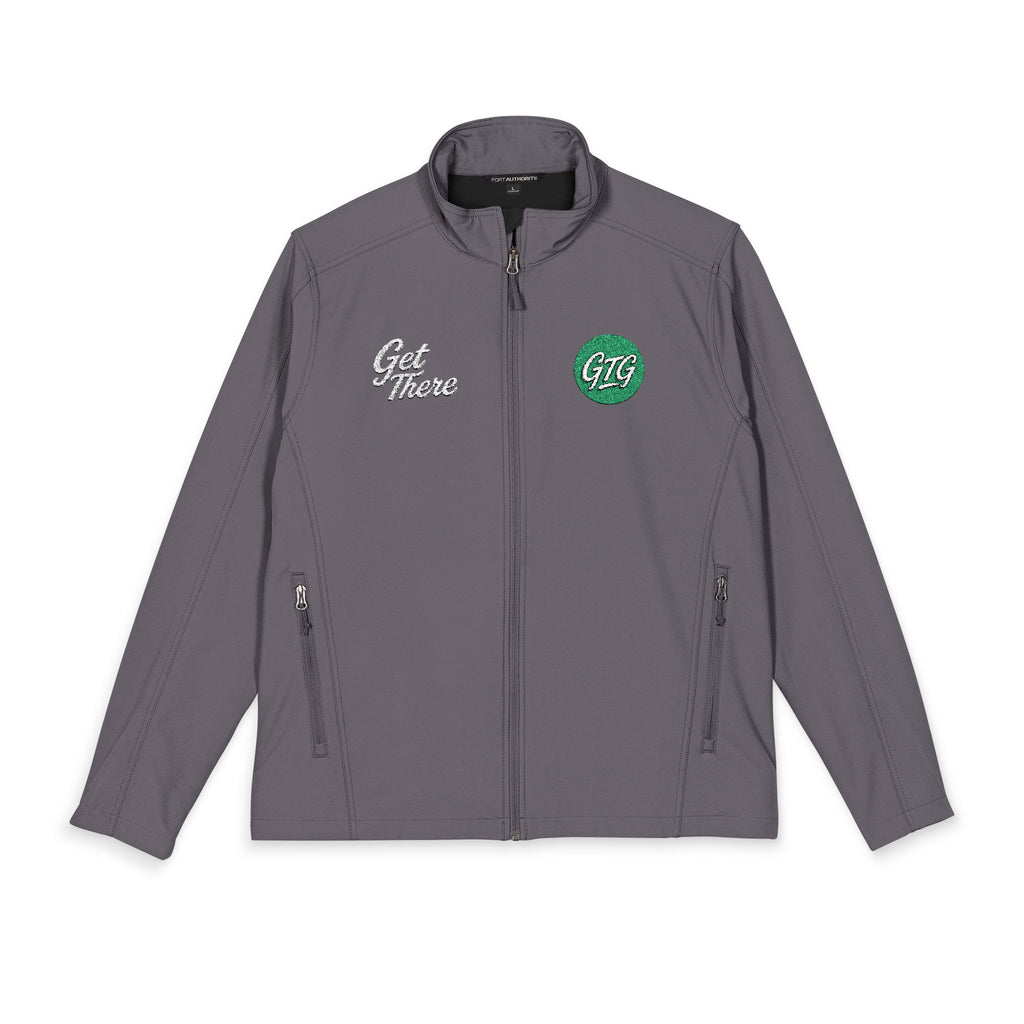 Men's Embroidered Soft Shell Jacket – 'Get There' Logo, Holiday Green Crest