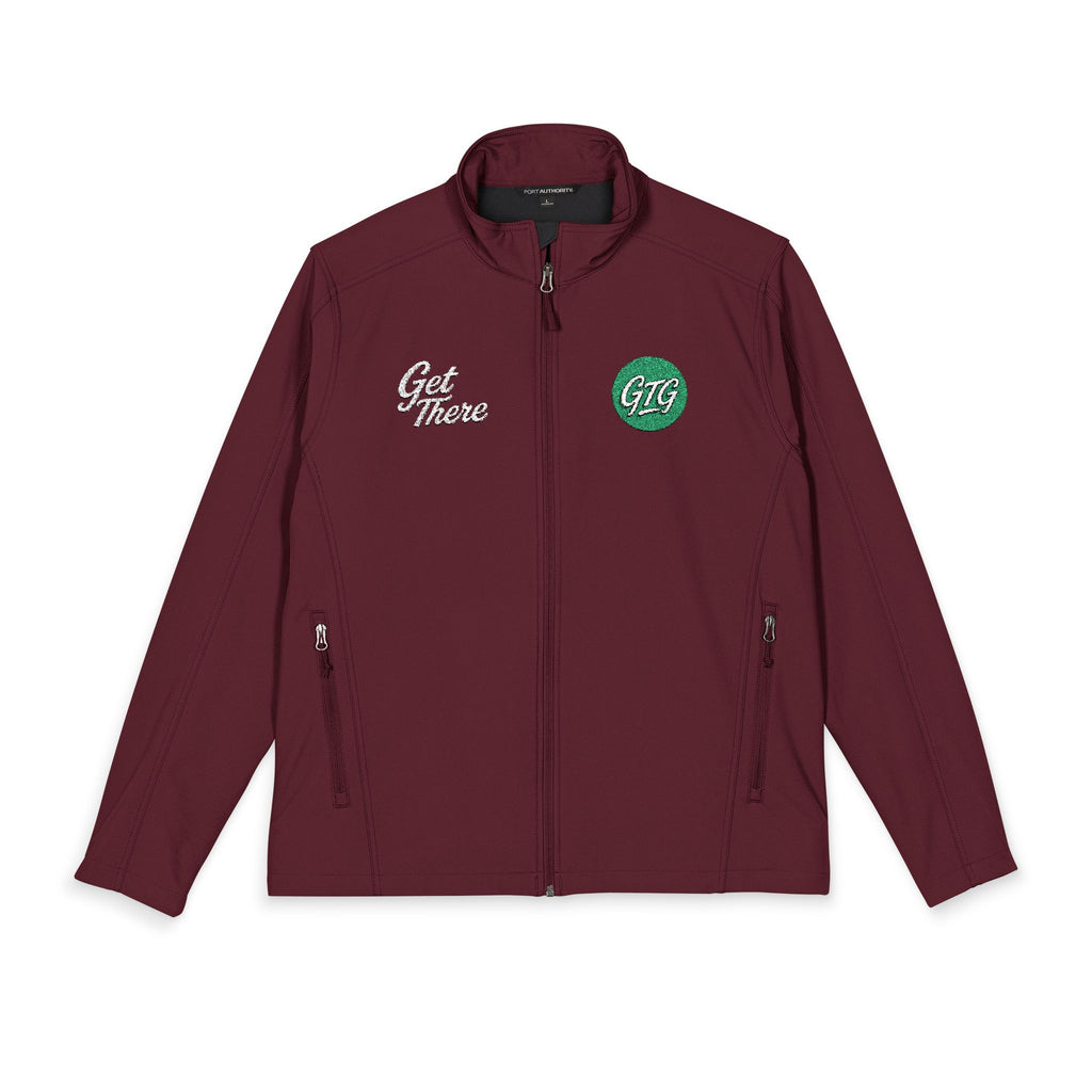 Men's Embroidered Soft Shell Jacket – 'Get There' Logo, Holiday Green Crest