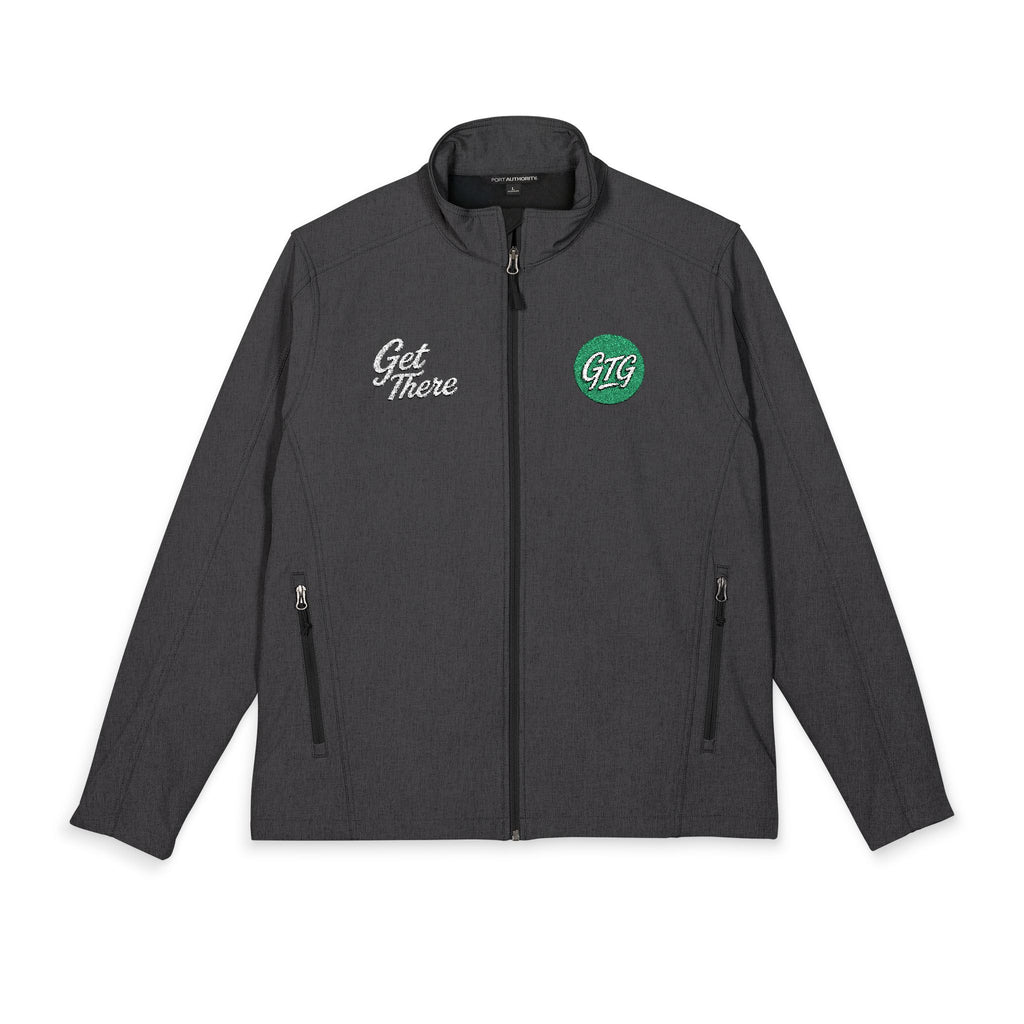 Men's Embroidered Soft Shell Jacket – 'Get There' Logo, Holiday Green Crest