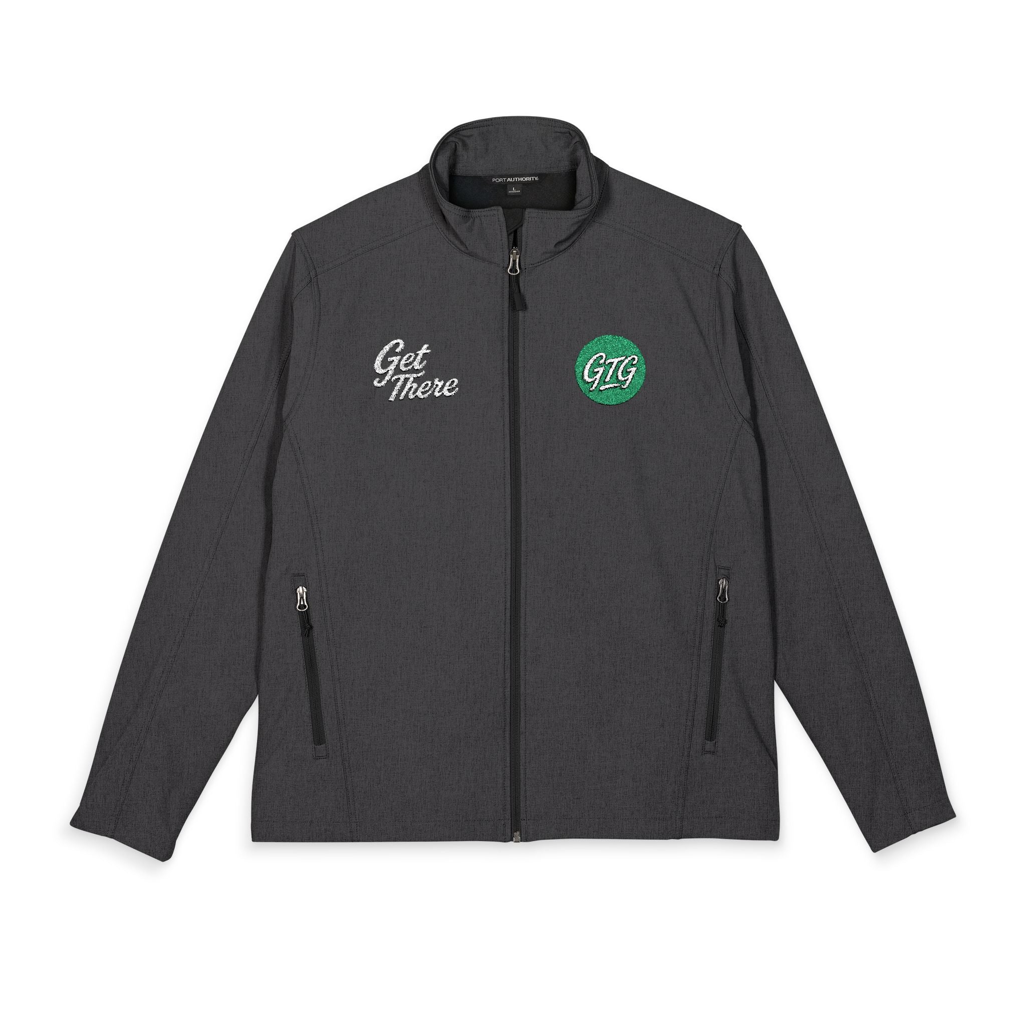 Men's Embroidered Soft Shell Jacket – 'Get There' Logo, Holiday Green Crest