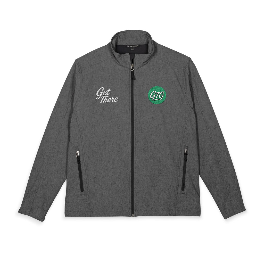 Men's Embroidered Soft Shell Jacket – 'Get There' Logo, Holiday Green Crest