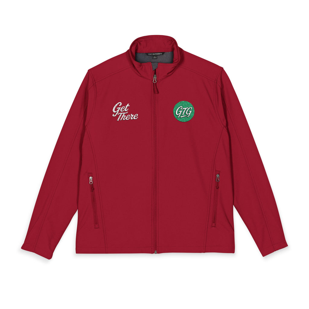 Men's Embroidered Soft Shell Jacket – 'Get There' Logo, Holiday Green Crest