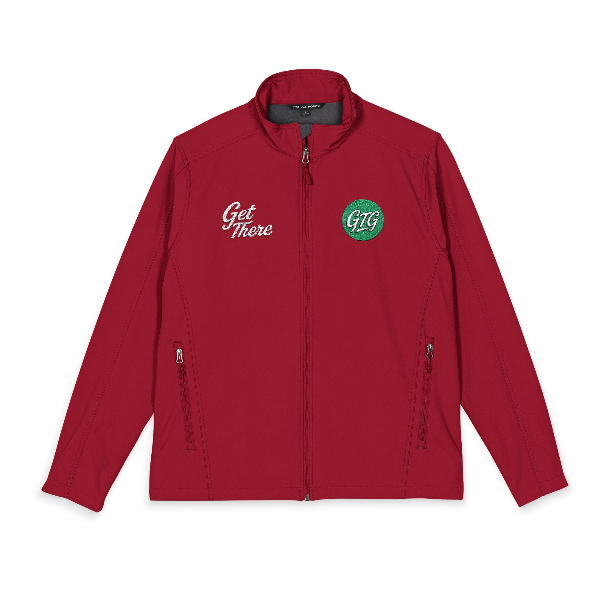 Men's Embroidered Soft Shell Jacket – 'Get There' Logo, Holiday Green Crest