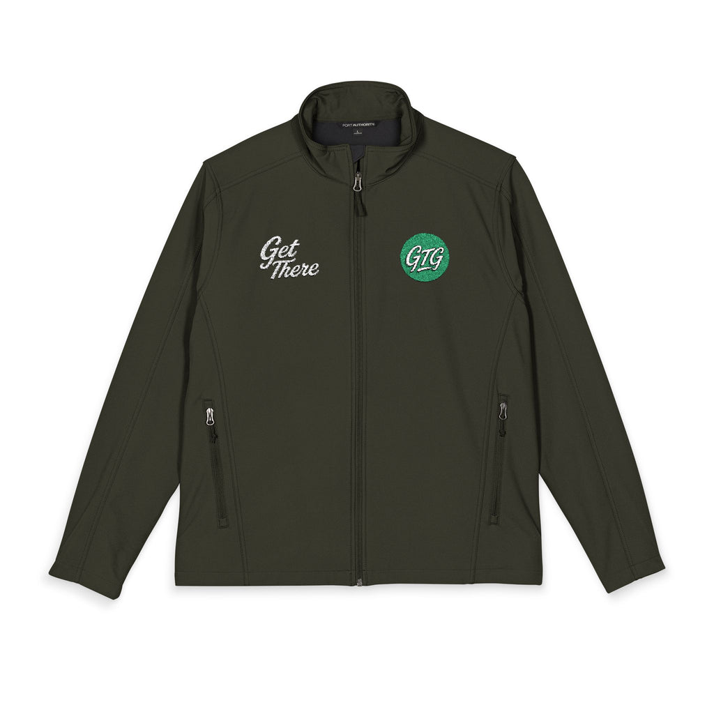 Men's Embroidered Soft Shell Jacket – 'Get There' Logo, Holiday Green Crest