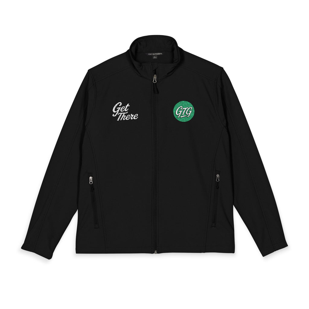 Men's Embroidered Soft Shell Jacket – 'Get There' Logo, Holiday Green Crest