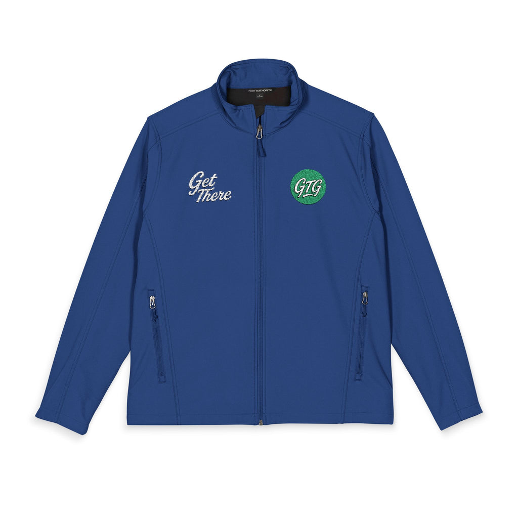Men's Embroidered Soft Shell Jacket – 'Get There' Logo, Holiday Green Crest