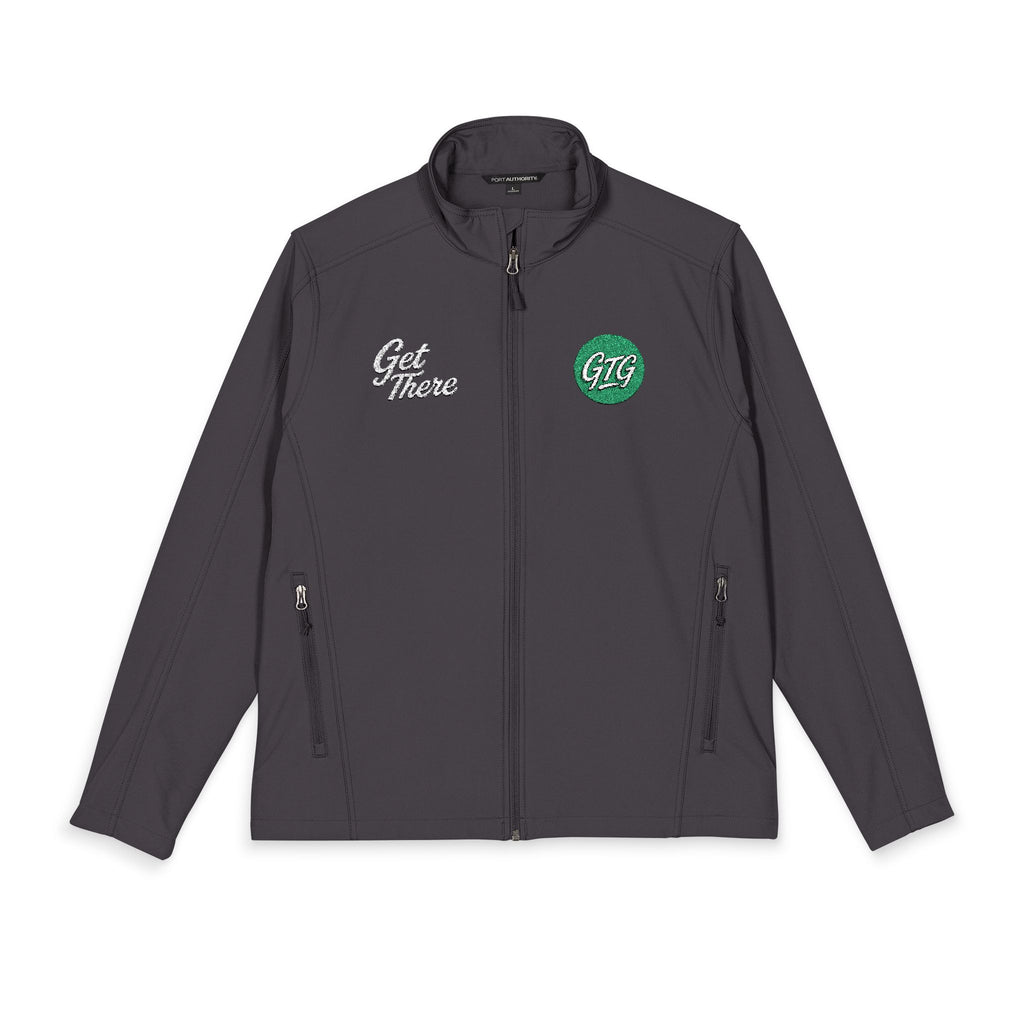 Men's Embroidered Soft Shell Jacket – 'Get There' Logo, Holiday Green Crest